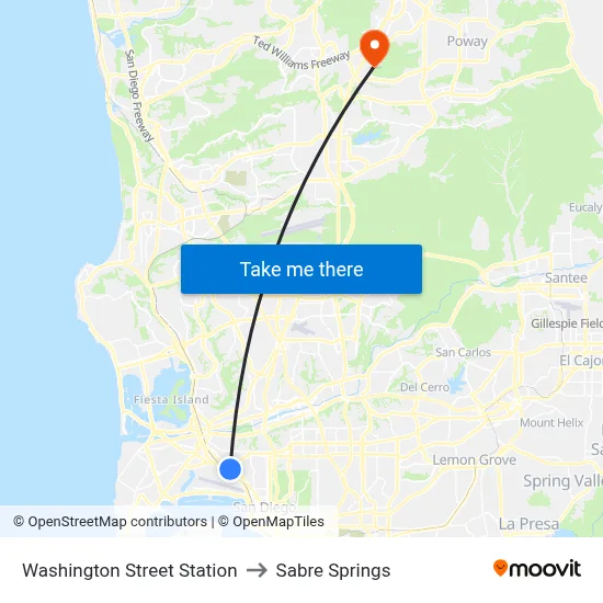 Washington Street Station to Sabre Springs map