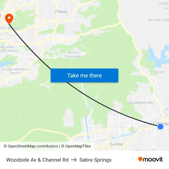 Woodside Av & Channel Rd to Sabre Springs map