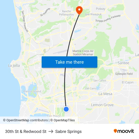 30th St & Redwood St to Sabre Springs map