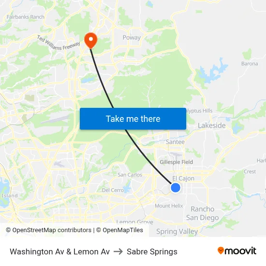 Washington Av & Lemon Av to Sabre Springs map