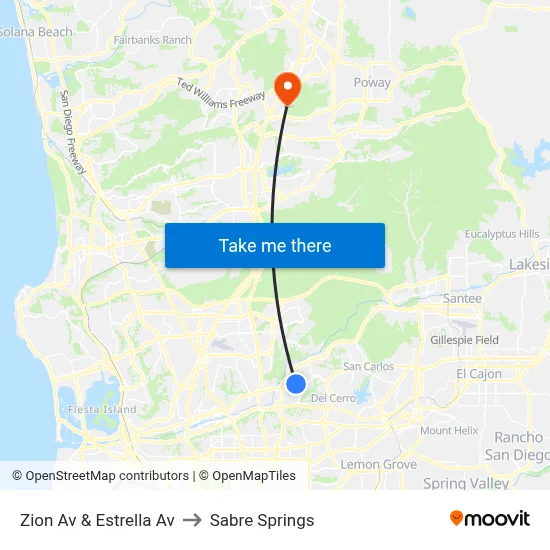 Zion Av & Estrella Av to Sabre Springs map
