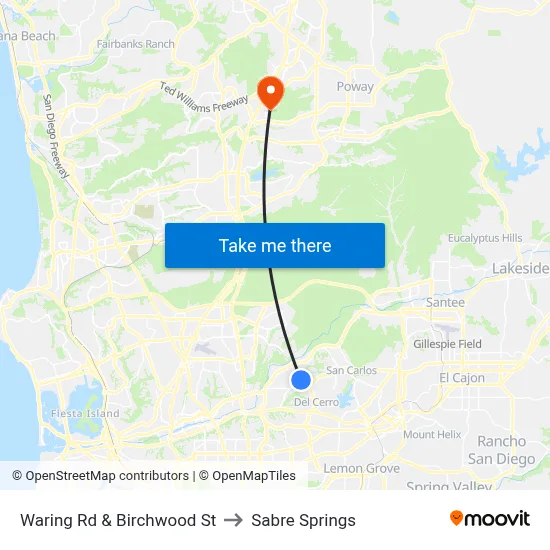 Waring Rd & Birchwood St to Sabre Springs map