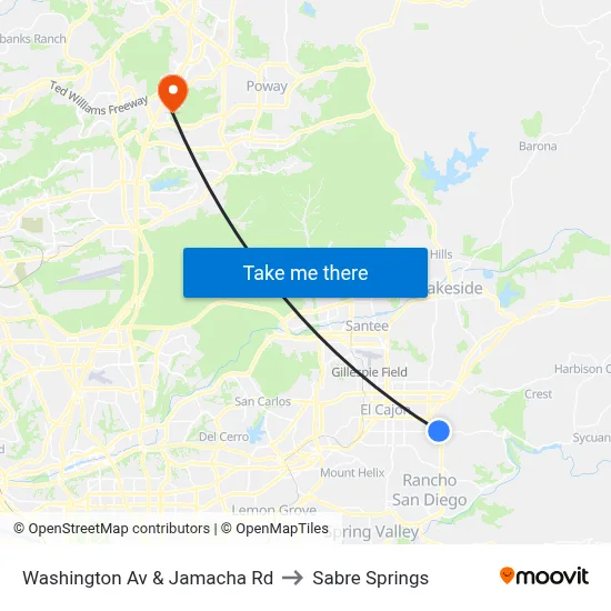 Washington Av & Jamacha Rd to Sabre Springs map
