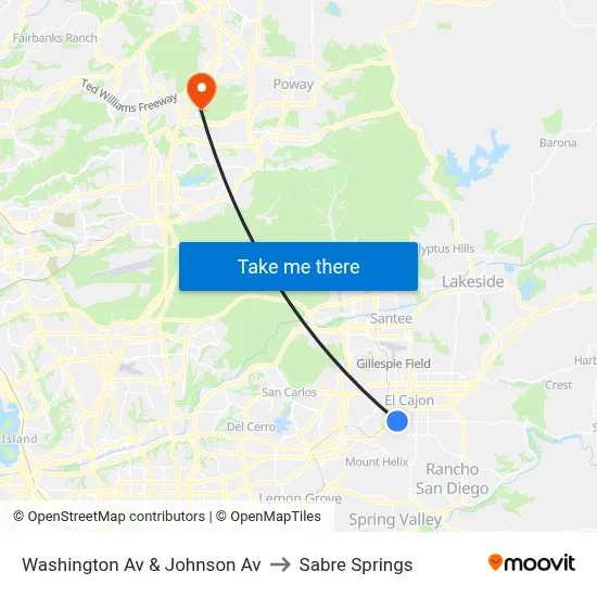 Washington Av & Johnson Av to Sabre Springs map