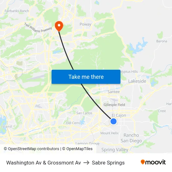 Washington Av & Grossmont Av to Sabre Springs map