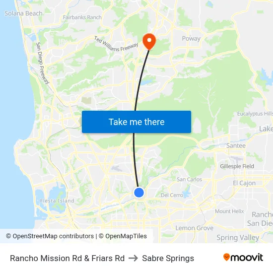 Rancho Mission Rd & Friars Rd to Sabre Springs map