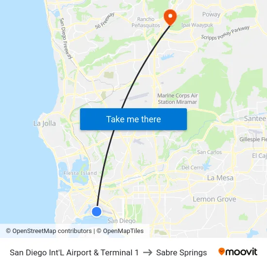 San Diego Int'L Airport & Terminal 1 to Sabre Springs map