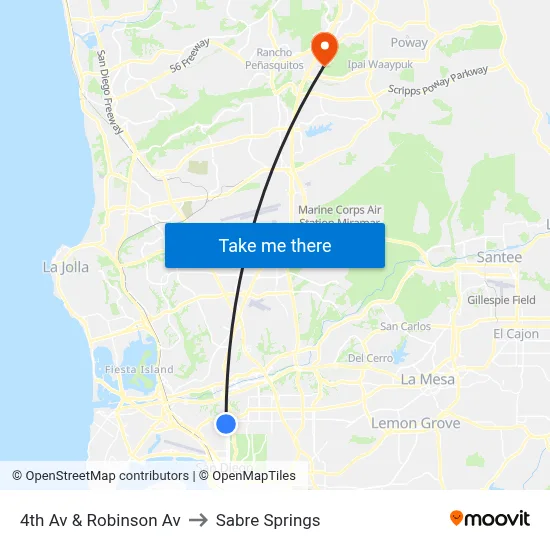 4th Av & Robinson Av to Sabre Springs map
