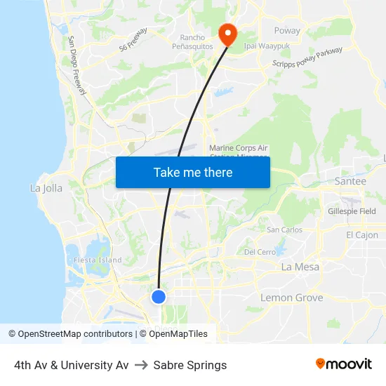 4th Av & University Av to Sabre Springs map