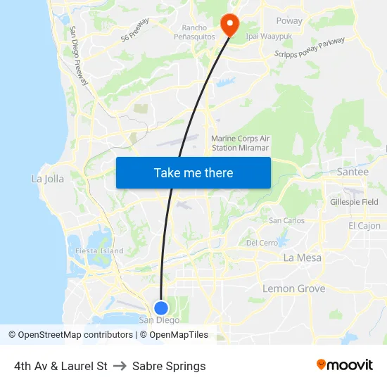 4th Av & Laurel St to Sabre Springs map