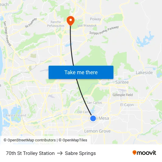70th St Trolley Station to Sabre Springs map