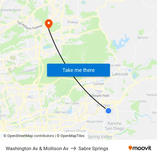 Washington Av & Mollison Av to Sabre Springs map