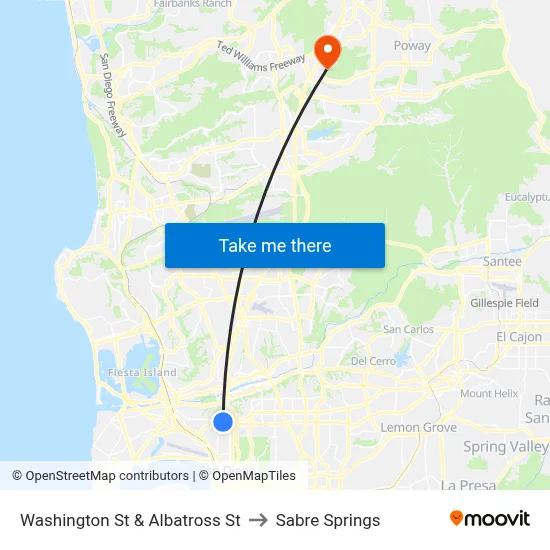 Washington St & Albatross St to Sabre Springs map