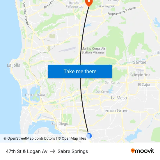 47th St & Logan Av to Sabre Springs map