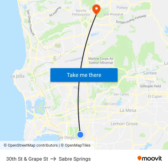 30th St & Grape St to Sabre Springs map