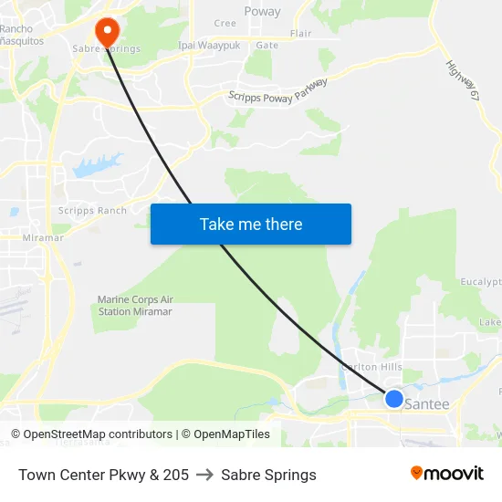 Town Center Pkwy & 205 to Sabre Springs map