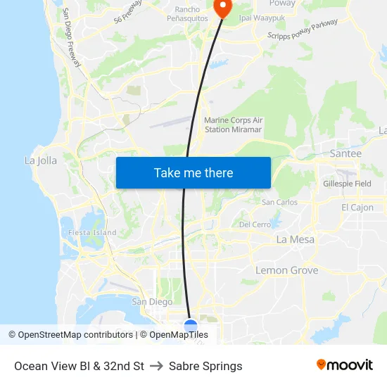 Ocean View Bl & 32nd St to Sabre Springs map