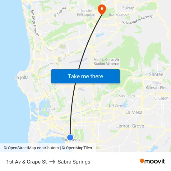 1st Av & Grape St to Sabre Springs map