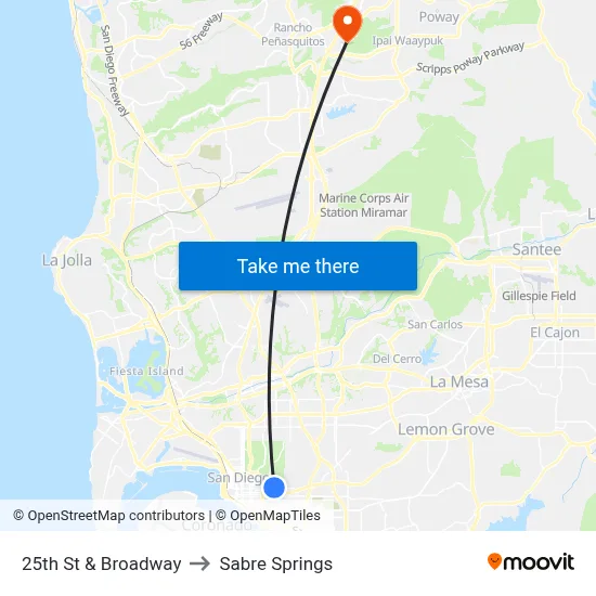 25th St & Broadway to Sabre Springs map