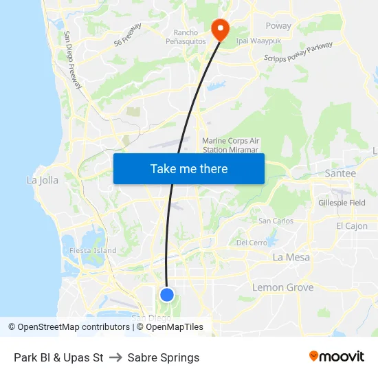 Park Bl & Upas St to Sabre Springs map