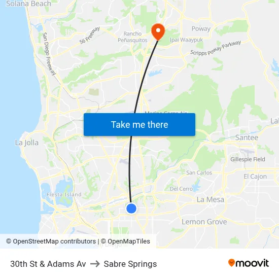 30th St & Adams Av to Sabre Springs map