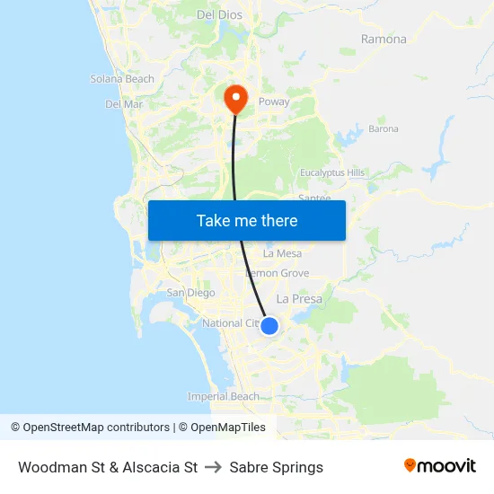 Woodman St & Alscacia St to Sabre Springs map
