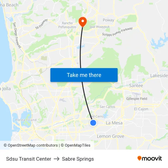 Sdsu Transit Center to Sabre Springs map