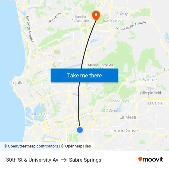 30th St & University Av to Sabre Springs map