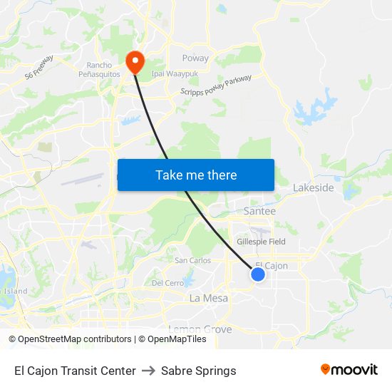 El Cajon Transit Center to Sabre Springs map