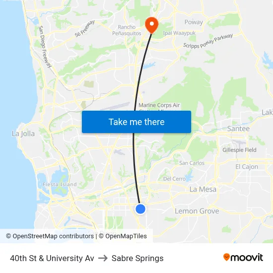 40th St & University Av to Sabre Springs map