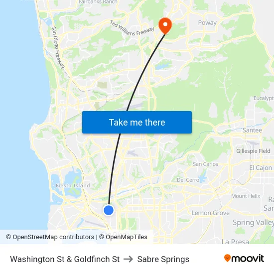 Washington St & Goldfinch St to Sabre Springs map