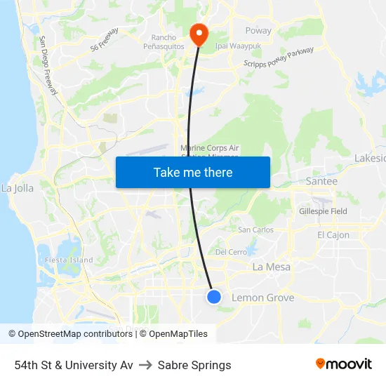 54th St & University Av to Sabre Springs map