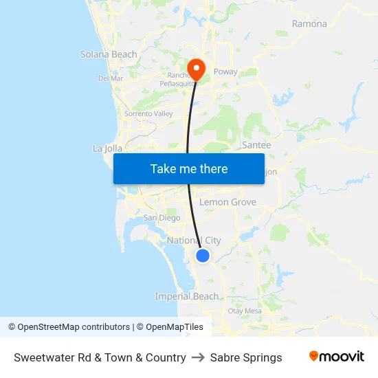 Sweetwater Rd & Town & Country to Sabre Springs map