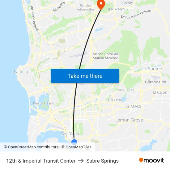 12th & Imperial Transit Center to Sabre Springs map