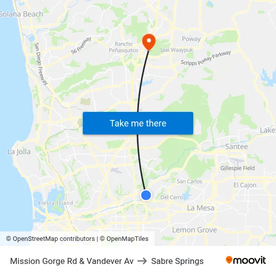 Mission Gorge Rd & Vandever Av to Sabre Springs map