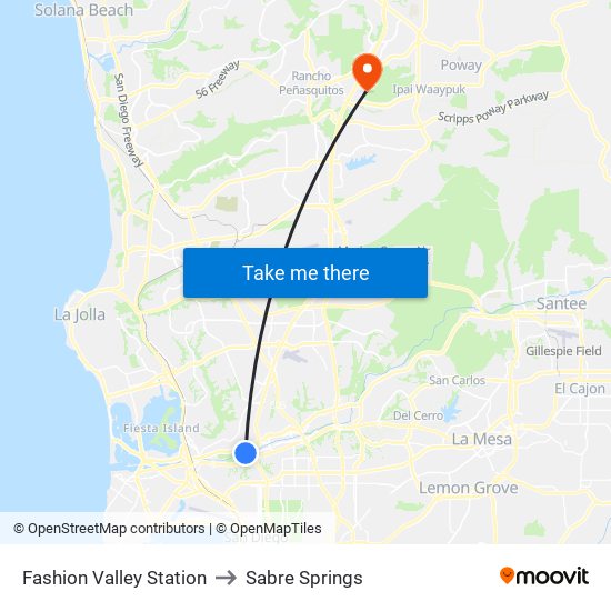 Fashion Valley Station to Sabre Springs map