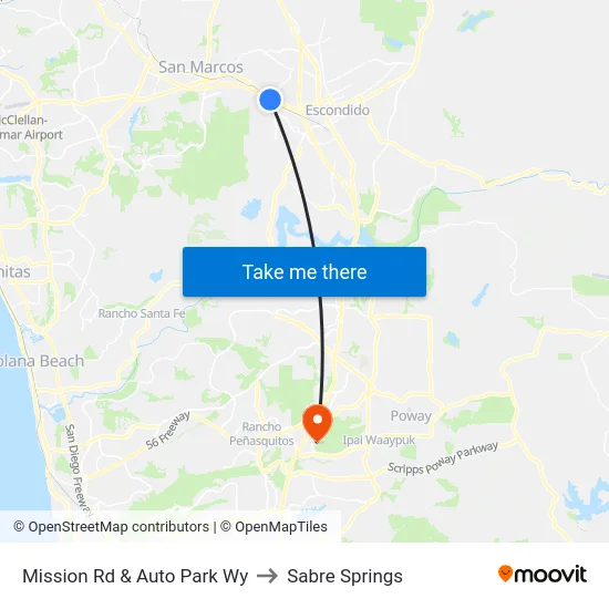 Mission Rd & Auto Park Wy to Sabre Springs map