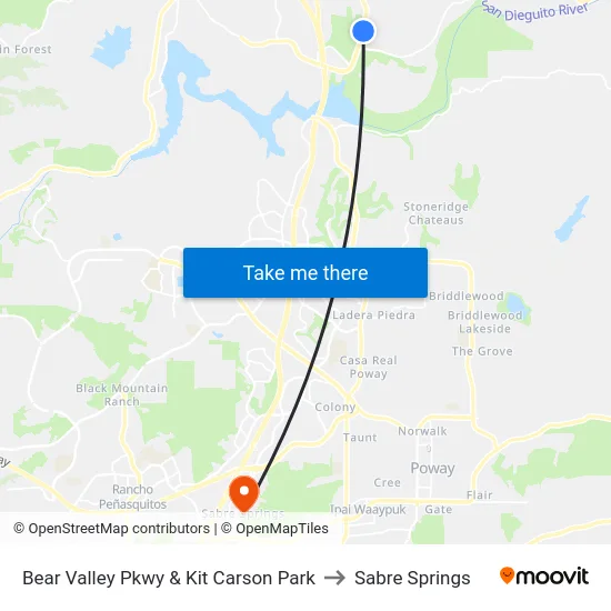Bear Valley Pkwy & Kit Carson Park to Sabre Springs map