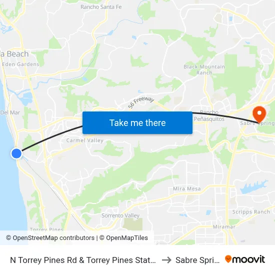 N Torrey Pines Rd & Torrey Pines State Beach to Sabre Springs map