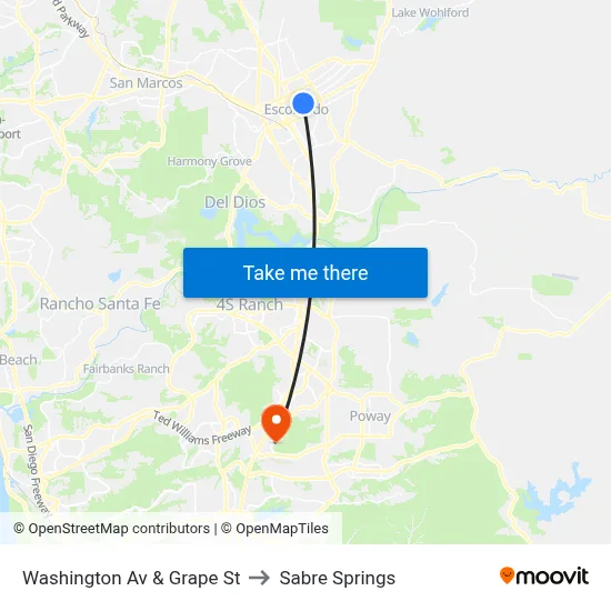 Washington Av & Grape St to Sabre Springs map