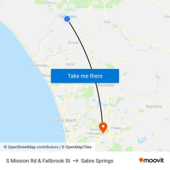 S Mission Rd & Fallbrook St to Sabre Springs map