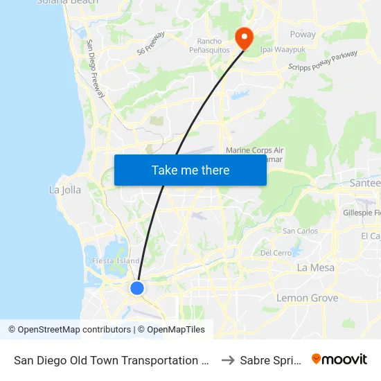 San Diego Old Town Transportation Center to Sabre Springs map