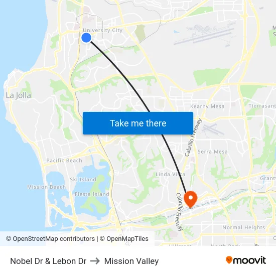 Nobel Dr & Lebon Dr to Mission Valley map