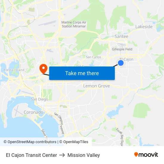 El Cajon Transit Center to Mission Valley map