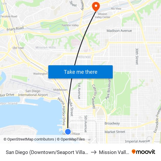 San Diego (Downtown/Seaport Village) to Mission Valley map