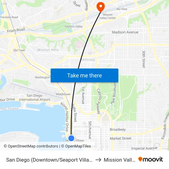 San Diego (Downtown/Seaport Village) to Mission Valley map