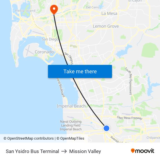 San Ysidro Bus Terminal to Mission Valley map