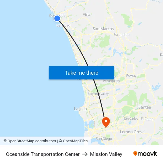Oceanside Transportation Center to Mission Valley map