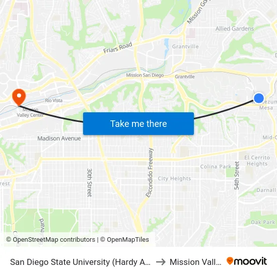 San Diego State University (Hardy Ave) to Mission Valley map