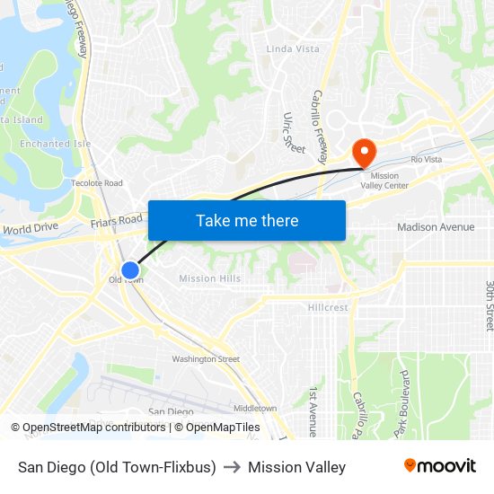 San Diego (Old Town-Flixbus) to Mission Valley map